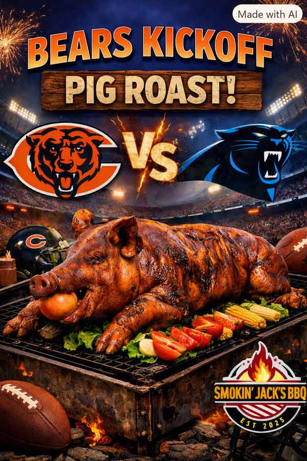 Roast pig on grill with Bears vs Panthers football logos, BBQ sign, and stadium background.