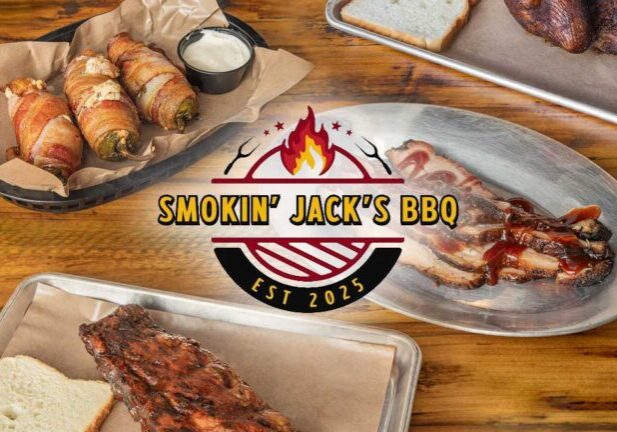 Barbecue meats and sides on trays with Smokin’ Jack’s BBQ logo at this Sports Bar Mundelein.